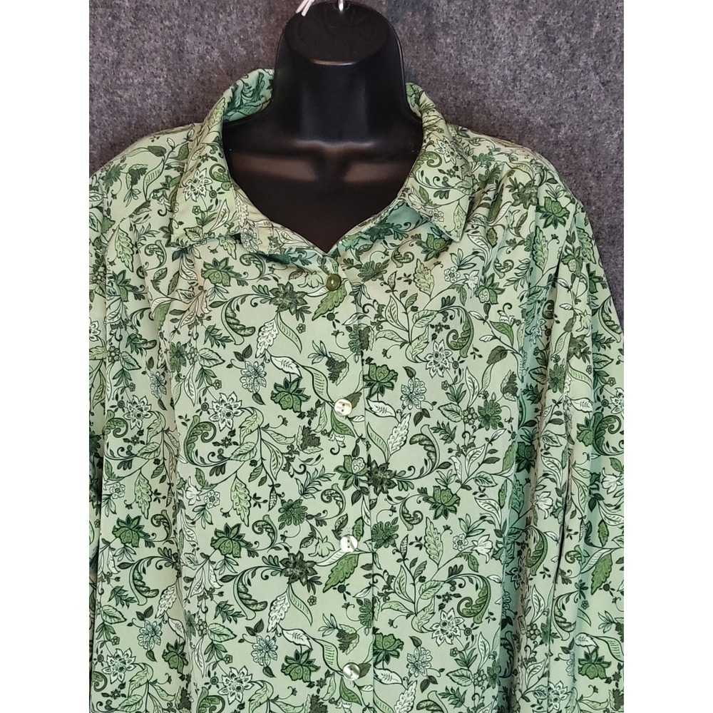 Woman Within 2X Floral Button Down 3/4 Sleeve Green Casual Shirt Top Blouse Cuff - Picture 6 of 10